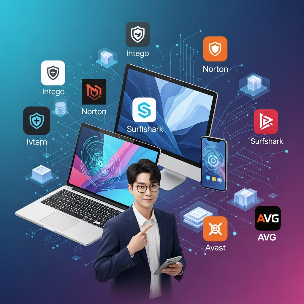 A dynamic composition featuring various cybersecurity software icons (representing Intego, Norton, Surfshark, Avast, AVG) surrounding and protecting a modern MacBook, iMac, and iPhone. Digital connections and secure data flow are depicted in the background. The style is modern, vibrant illustration with a gradient background, high contrast. Korean appearance, natural expression. No visible text in image.
