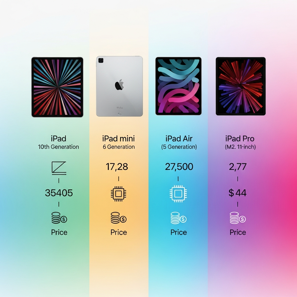 A modern, clean infographic comparing different iPad models (iPad, iPad mini, iPad Air, iPad Pro) with icons representing features like screen size, processor, and price range. The background is a soft, colorful gradient. Style: clean infographic, modern layout, high contrast. No visible text in image.