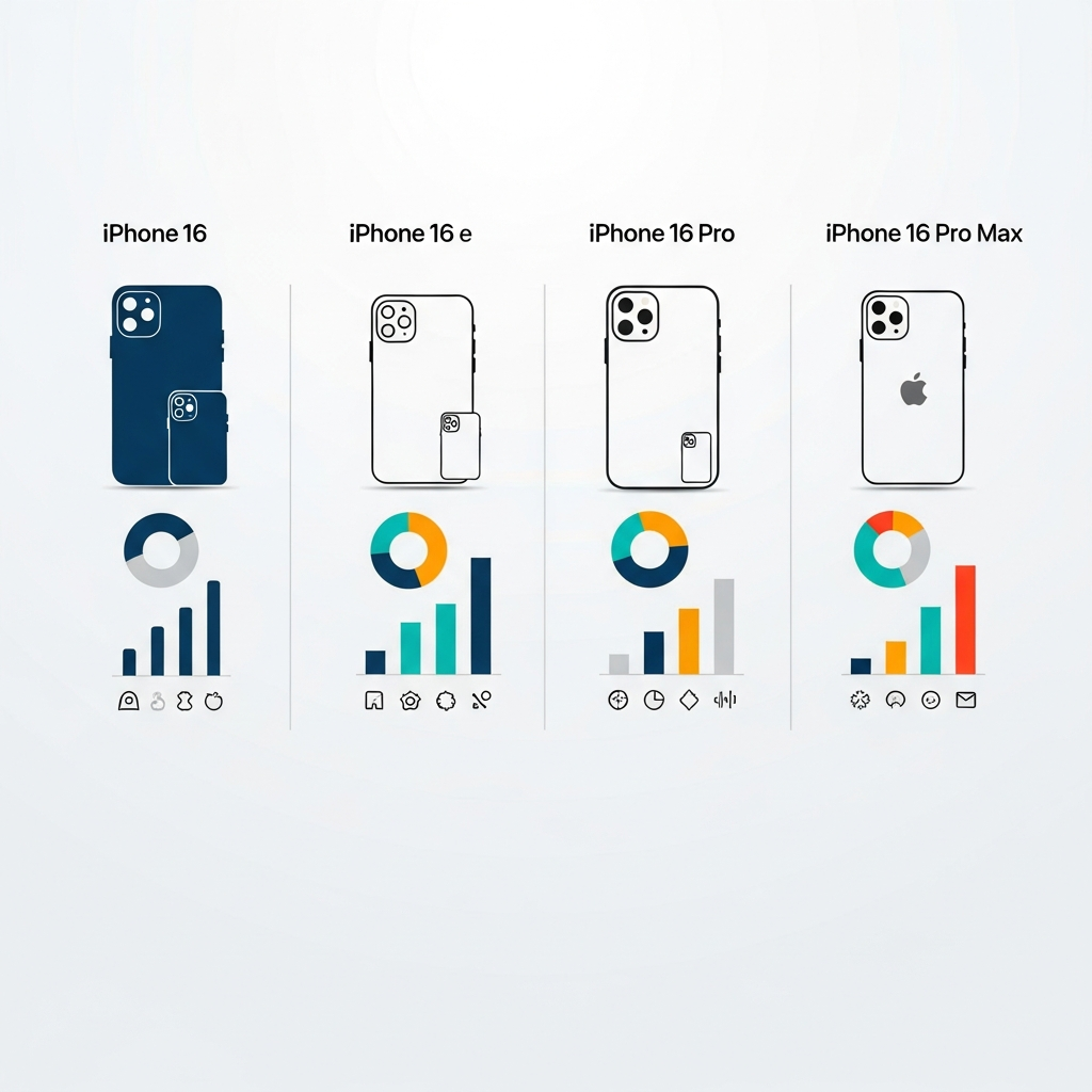 A sleek infographic displaying various iPhone 16 models (16, 16e, Plus, Pro, Pro Max) with different prices and features. The layout is clean and modern, using contrasting colors for readability. No text. Style: clean infographic, modern layout, high contrast. No visible text in image.