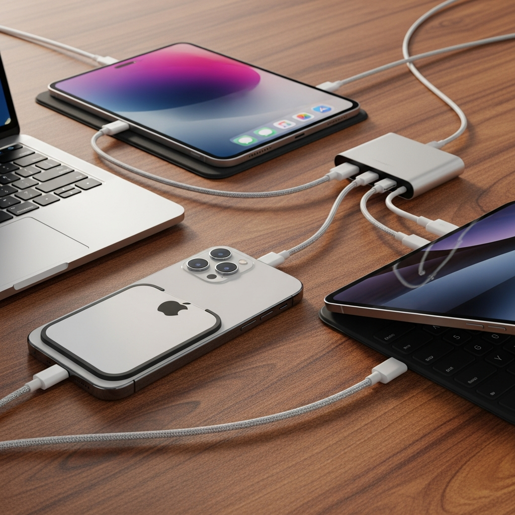 A vibrant lifestyle shot of various Apple devices (iPhone, iPad, MacBook) connected with different USB-C cables, illustrating charging and data transfer. The focus is on the seamless connectivity and modern design. The background is a warm, textured desk. No text. No visible UI elements.