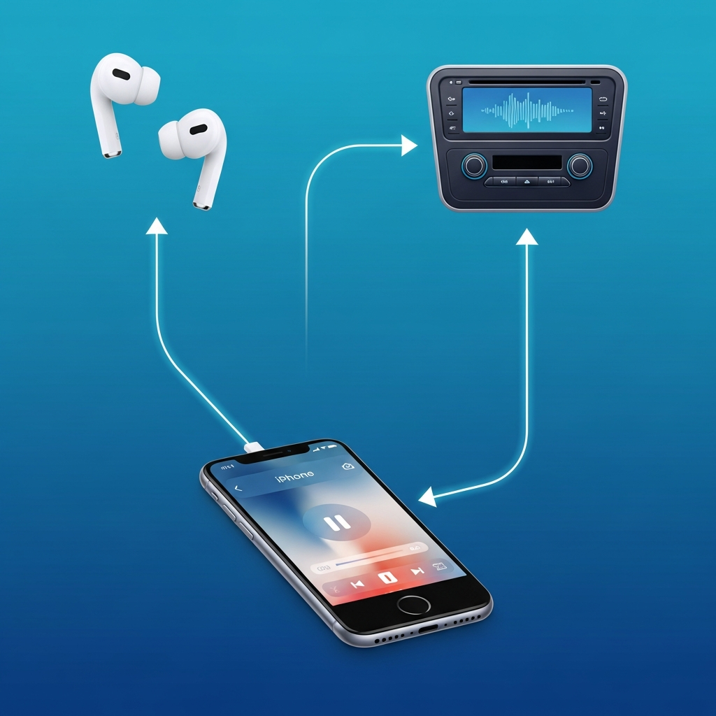 A modern infographic showing an iPhone seamlessly connected to AirPods and a car's audio system, with lines indicating controlled audio flow. Style: clean infographic, modern layout, high contrast, colored background, no text.