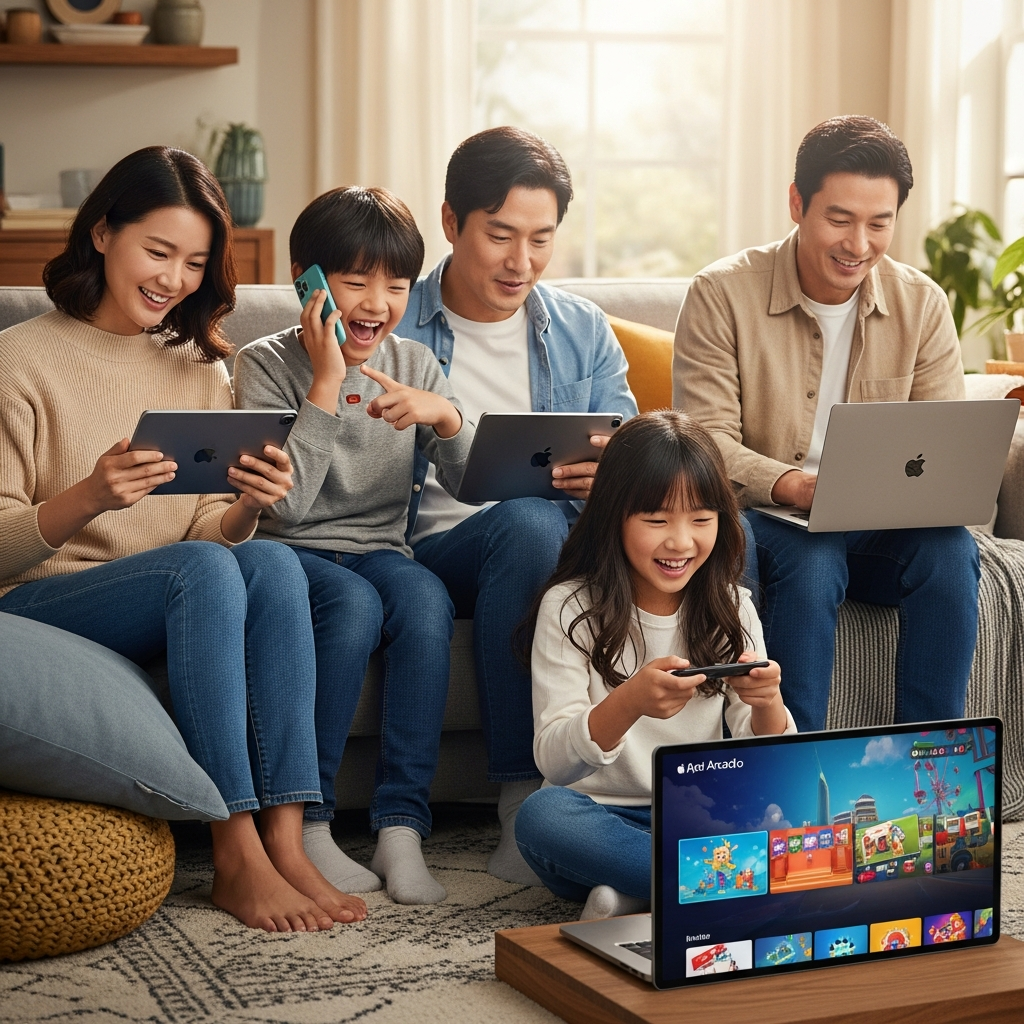 A happy Korean family, including parents and children, enjoying various Apple Arcade games on different Apple devices like iPhone, iPad, Mac, and Apple TV in their cozy living room. The scene is bright and lively. Lifestyle photography, no text.