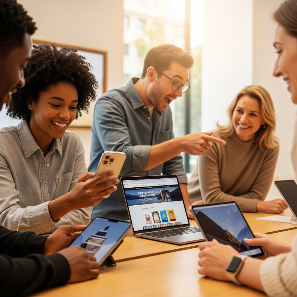 Lifestyle photography, warm lighting, natural setting, showing diverse individuals happily browsing Apple products (iPhone, MacBook, Apple Watch) on a shopping website or in a store. Focus on excitement and value, with a textured background and no text.