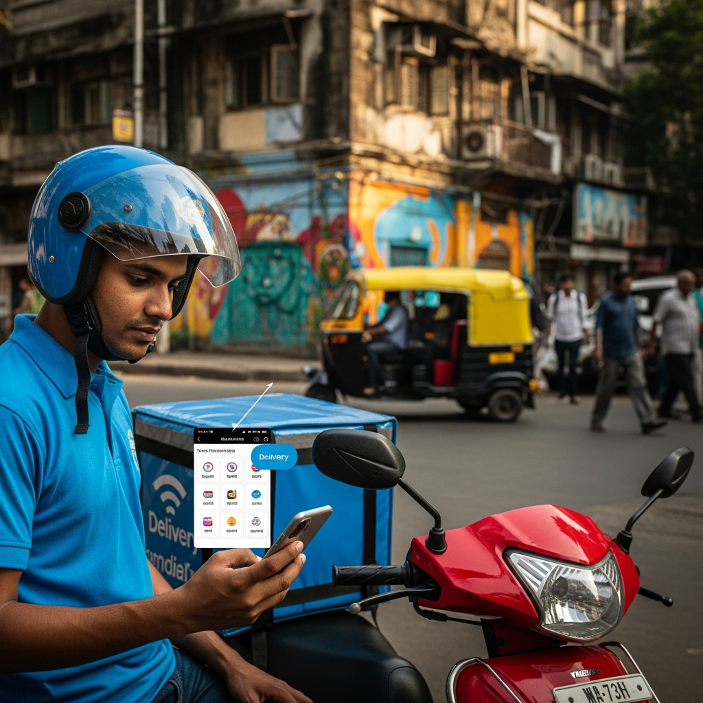 Indian delivery worker using smartphone app with multiple language options displayed. Urban Mumbai street scene with scooter, showing diverse linguistic communication in action. Warm natural lighting, realistic lifestyle photography. No text.