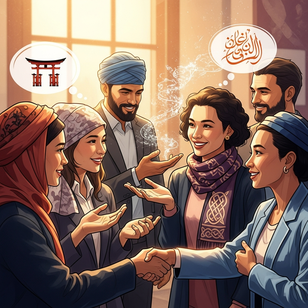 A diverse group of people from different cultural backgrounds interacting, with subtle visual cues representing various languages (not text). The scene should evoke cultural exchange and connection, emphasizing the richness of global diversity. Style: illustration, artistic rendering, textured background, colored background, no text, bright lighting.