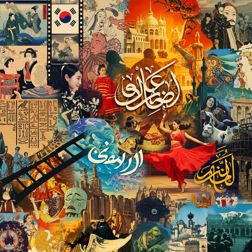 A collage showing different cultural elements and languages from around the world, with traditional and modern elements blending together. Colorful and diverse representation of global cinema and culture. Warm, inclusive lighting. No text.