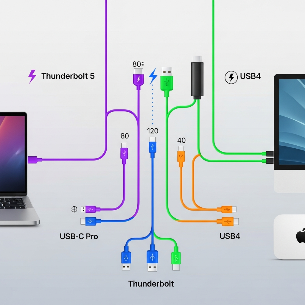 A clean infographic showing various USB-C and Thunderbolt cables connected to different Mac ports (MacBook Pro, Mac mini). Highlight the different speeds of Thunderbolt 5, USB4. The background is a subtle gradient. Style: clean infographic, modern layout, high contrast. No visible text.