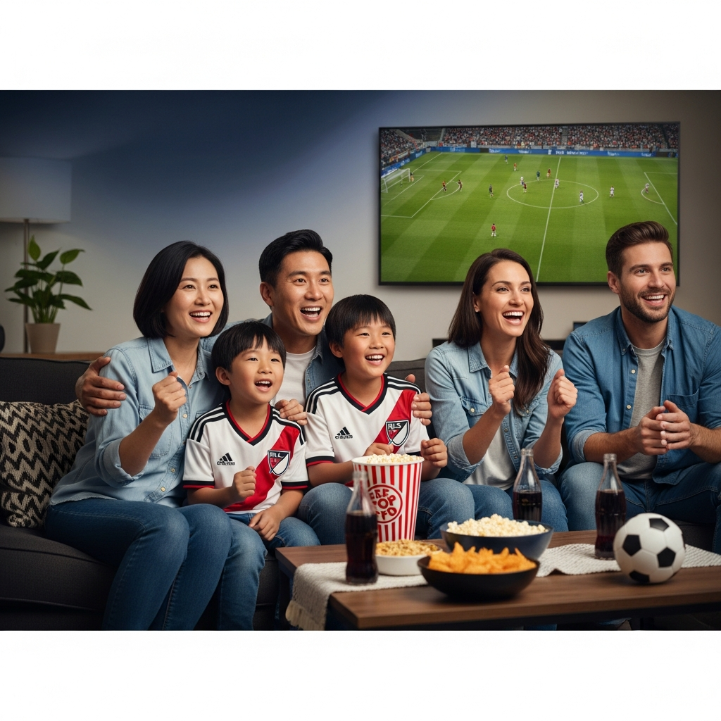 Lifestyle photography of diverse fans, including a Korean family, happily watching an MLS game on a large screen at home. Focus on natural expressions, warm lighting, and a cozy living room setting. No visible text. Subtle gradient background.