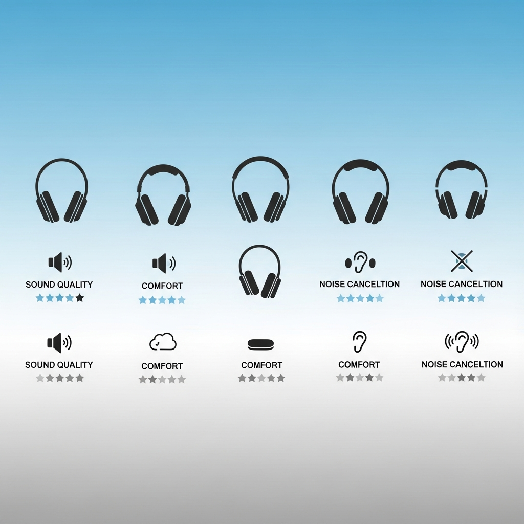 Clean infographic showing various over-ear headphones with comparison points like sound quality, comfort, and noise cancellation. Minimalist, modern layout on a gradient background. No text.
