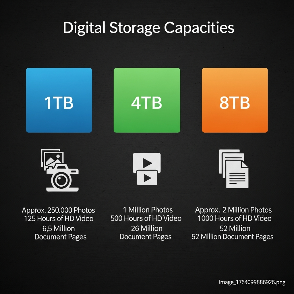 clean infographic, modern layout, high contrast, illustrating different storage capacities (1TB, 4TB, 8TB) with examples of files (photos, videos, documents). Textured background.