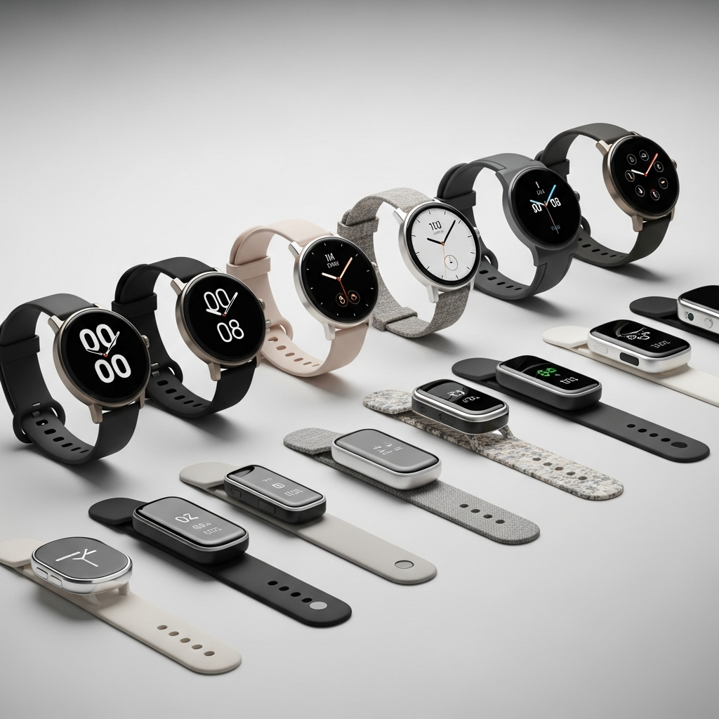 Collection of modern wearable devices including smartwatches, fitness trackers, smart rings on a clean surface, product photography style, professional lighting, neutral colored background, no text