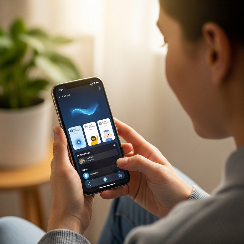 A person using an iPhone, where different voice assistant interfaces are visible, suggesting choice and customization. The user has a natural expression. Lifestyle photography style, warm lighting, natural setting with a subtly colored background. No visible text on the image.