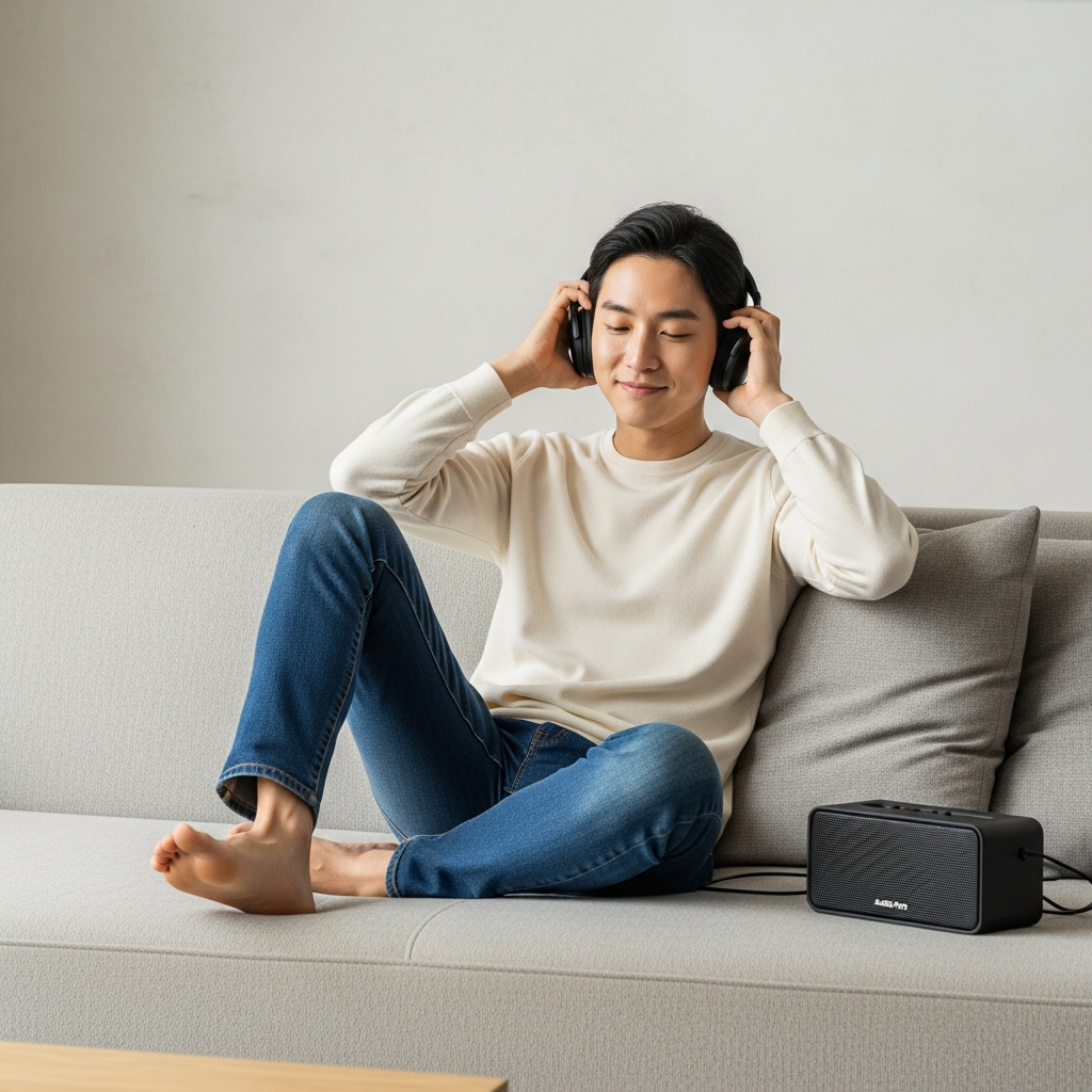 Lifestyle photography of a Korean person (mid-20s to 30s) relaxing on a sofa, happily listening to music from a compact wireless speaker (Audio Pro C10 MKII W style) in a modern living room. The person has a pleased expression, perhaps subtly tapping their foot. Natural, bright lighting. Textured background. Centered focus. No text. Bright, balanced lighting, natural setting, textured background, centered focus.