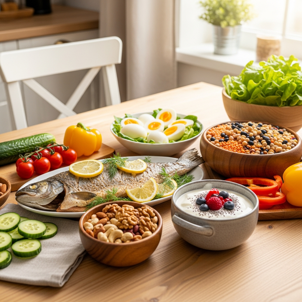 A healthy dining table with various natural protein sources including fish, eggs, legumes, nuts, and Greek yogurt, natural lighting, home kitchen setting, wholesome food presentation, no text.