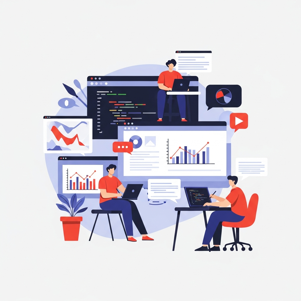 A person creatively engaged in various tasks like writing, coding, and brainstorming, all within a unified, multi-functional AI workspace interface. The scene emphasizes seamless transition between different AI-powered tools for diverse professional activities. Style: clean infographic, modern layout, high contrast. No visible text. Colored background, filled frame, bright balanced lighting.