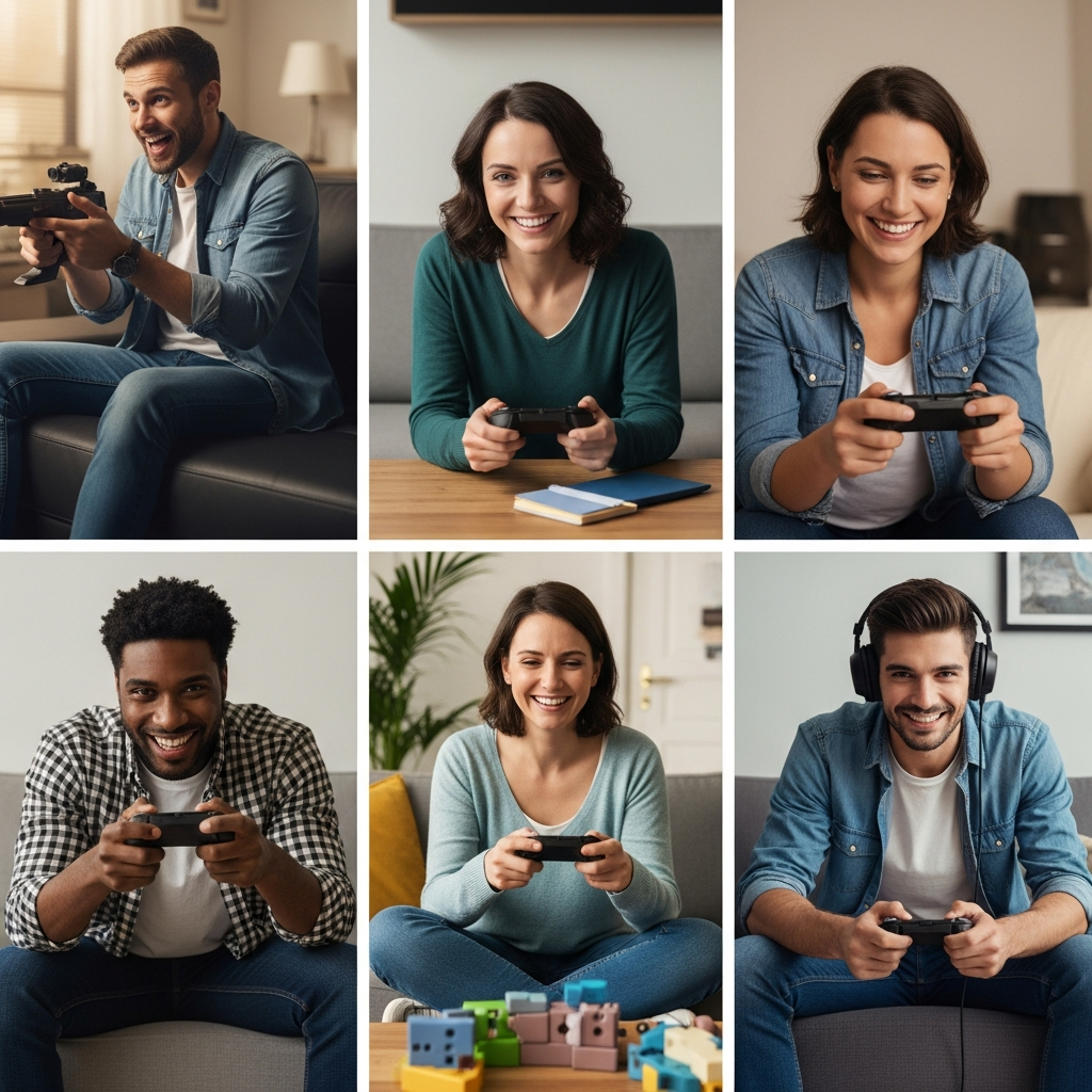 A diverse group of gamers, each immersed in a different style of game – one playing a fast-paced action game, another a calm indie puzzle, and a third an expansive open-world adventure. They are shown with natural expressions of enjoyment, in a cozy, modern living room setting. Style: lifestyle photography, warm lighting. No visible text.