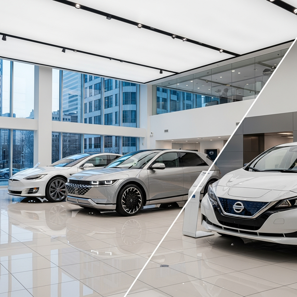 Side-by-side comparison of different electric vehicle models in showroom, various EV brands including Tesla, Hyundai, Nissan, modern automotive dealership interior, bright showroom lighting, cars positioned to show their design differences, no text