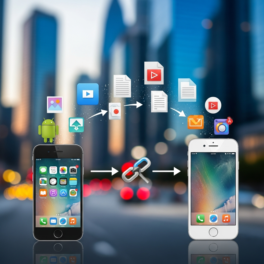 A dynamic illustration showing various file icons (photos, videos, documents, links) seamlessly moving between an Android smartphone and an iPhone. The phones are subtly distinct, hinting at their OS. The background features a blurred, vibrant cityscape, representing a connected modern environment. Style: clean infographic, modern layout, high contrast. No visible text in image. No Korean characters.
