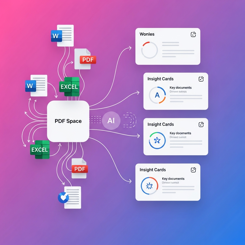 A modern digital workspace interface with various document icons (Word, Excel, PDF) flowing into a central 'PDF Space' area. AI processes them, generating insight cards with summaries and key themes. Clean infographic, modern layout, high contrast. Gradient background, full frame. No visible text.