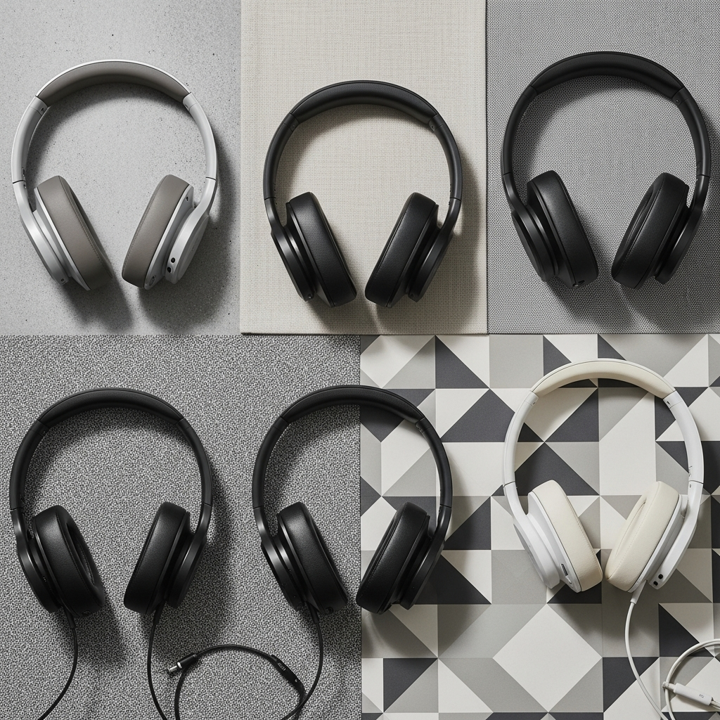 A visually rich infographic or flat lay photography of a selection of modern over-ear headphones, each distinct in design, laid out against a textured, subtly patterned background. Focus on clean lines and varied colors. No text.