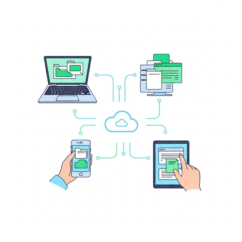 A vibrant infographic showing a person seamlessly accessing files from a cloud server across multiple devices: a laptop, a smartphone, and a tablet. Data flow lines connect the devices to a central cloud icon. Style: clean lines, modern design, soft light blue and green colors, clean infographic, modern layout, high contrast.