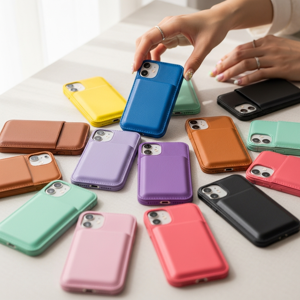 A vibrant lifestyle photo showcasing multiple iPhone Pockets in various colors (lemon, sapphire, cinnamon, black, etc.) arranged artfully on a textured surface. Hands are reaching to select one. Bright, appealing lighting. Korean appearance. No text.
