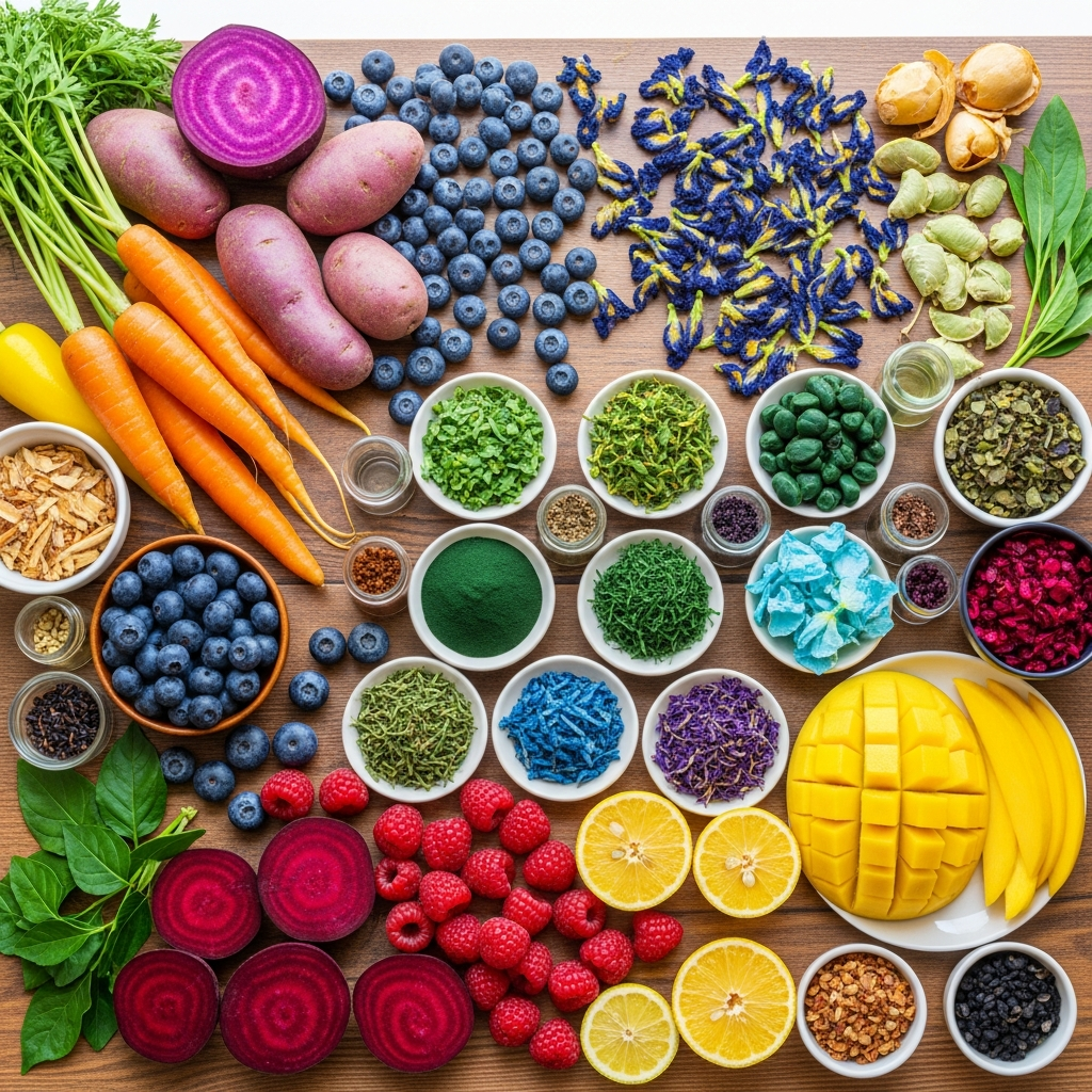 Vibrant array of natural food coloring sources including colorful vegetables, fruits, algae, and plant extracts arranged on a wooden table. Bright natural lighting, lifestyle photography style showcasing carrots, purple potatoes, blue butterfly pea flowers, and microalgae samples. No text.