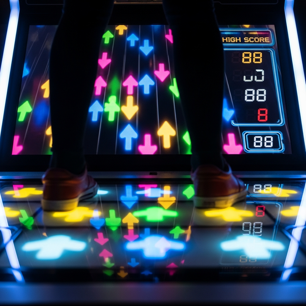 A close-up shot of a Dance Dance Revolution arcade screen displaying colorful arrows and score, with a player's feet visible on the dance pad in action. The image captures the excitement and intensity of the game. Style: energetic gaming photography, focused on gameplay. No text.