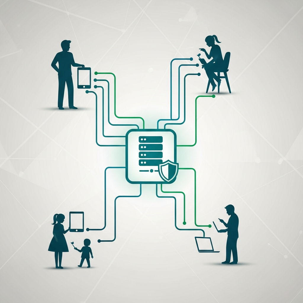 Clean infographic, modern layout, high contrast, showing a family with various digital devices (smartphone, laptop) and data flowing into a central, secure storage hub. Neutral-colored background with subtle patterns. No text.