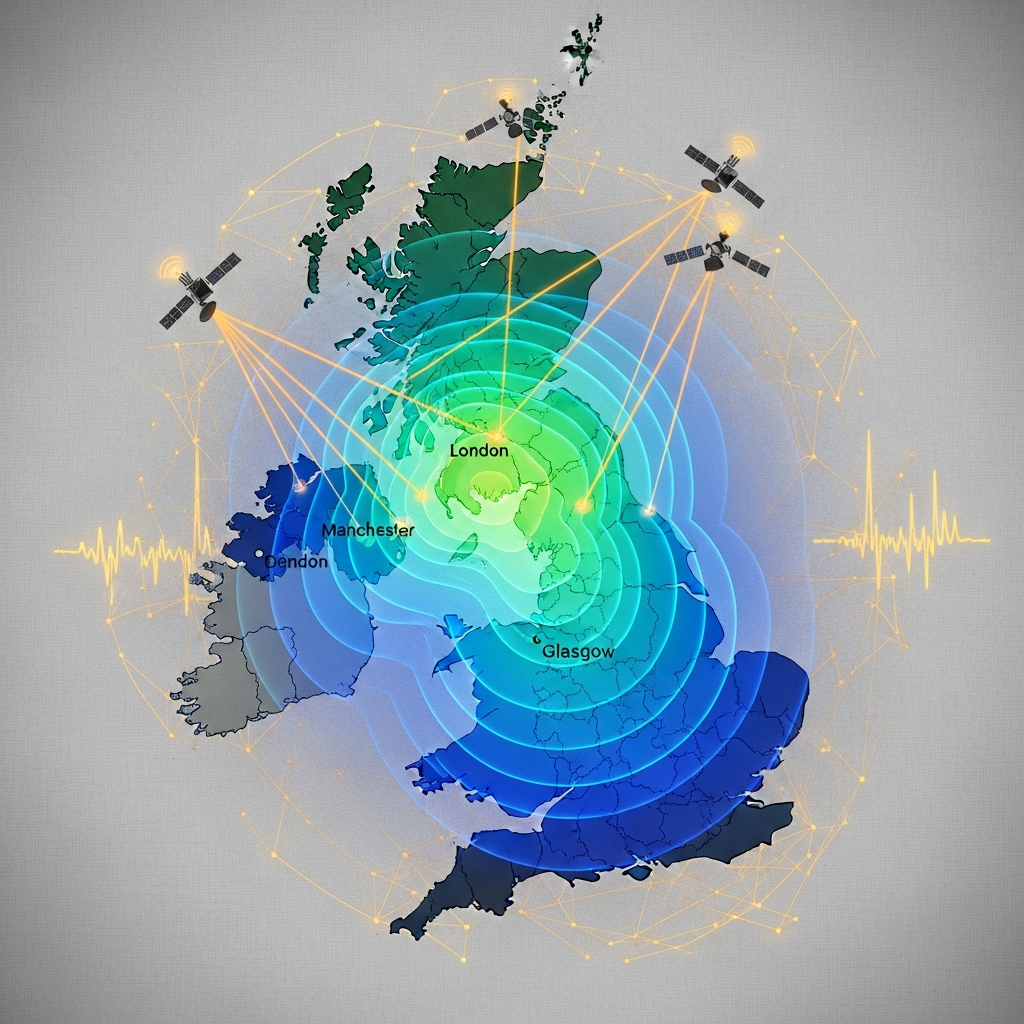 A stylized map of the UK showing signal coverage expanding from urban areas to rural blackspots via satellite beams. The map is overlaid with interconnected lines and glowing nodes, illustrating network expansion. Style: clean infographic, modern layout, high contrast, textured background. No text.