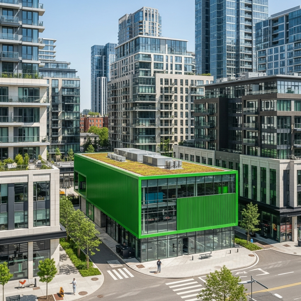 Compact green steel facility integrated into urban environment, clean modern architecture, residential and commercial buildings nearby, sustainable city planning, bright urban landscape, contemporary design with green elements, no text