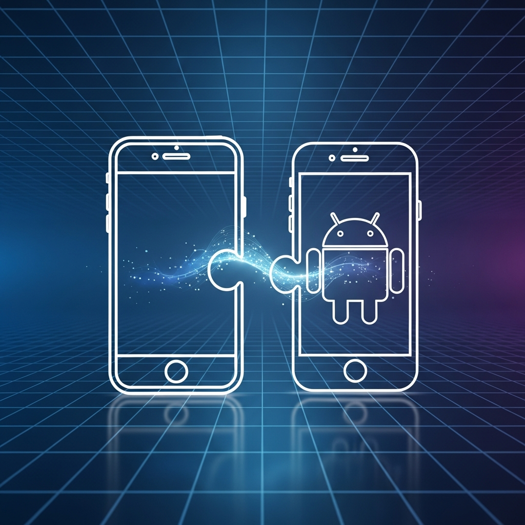 Two smartphone outlines, one clearly an iPhone and the other an Android, fit together like puzzle pieces, symbolizing seamless integration and interoperability. A subtle, glowing data stream flows between them. The background is a futuristic, abstract digital grid with a gradient blue and purple color scheme. Style: clean infographic, modern layout, high contrast. No visible text in image. No Korean characters.
