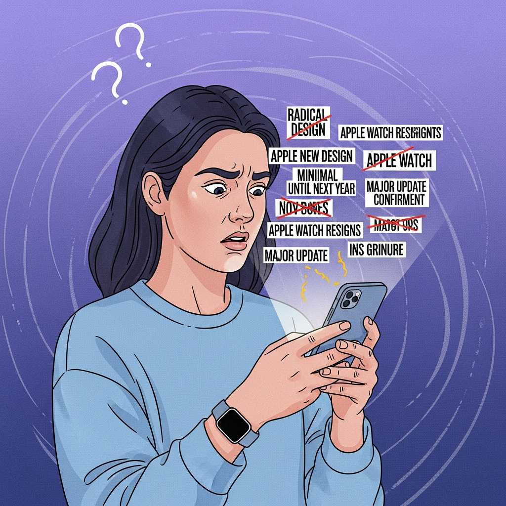 An illustration of a person looking confused at a smartphone screen displaying various conflicting news headlines about Apple Watch redesigns. The background is a gradient of blues and purples, suggesting uncertainty. Style: illustration, artistic rendering, textured background. No text.