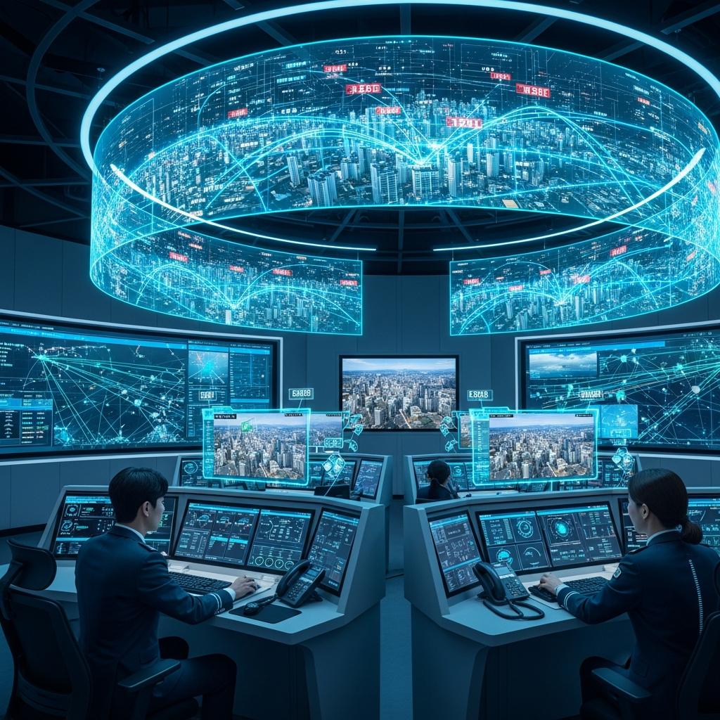 Drone traffic management control center with multiple monitors showing drone flight paths, electronic identification systems, Korean air traffic controllers managing drone operations, futuristic command center atmosphere with holographic displays, no text