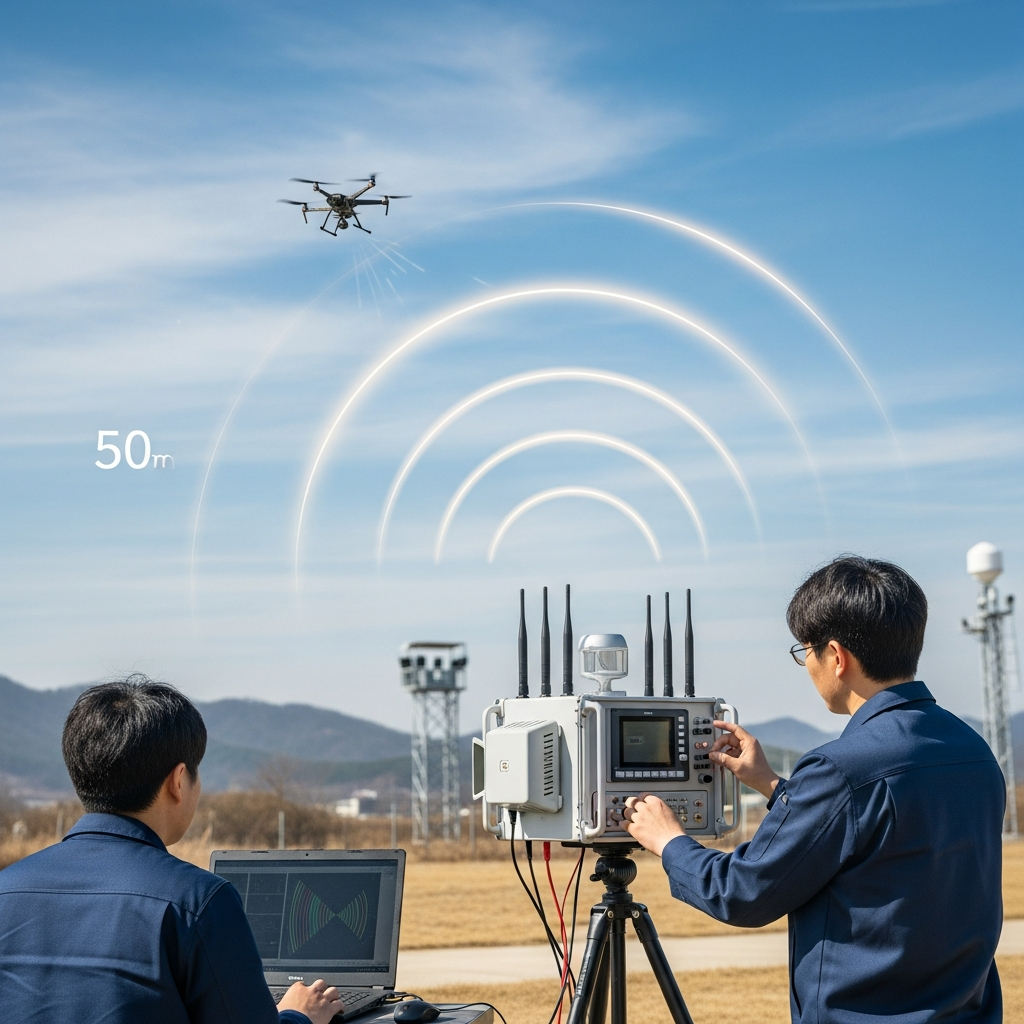 Anti-drone jamming equipment in action, showing a box-like electronic device emitting radio waves towards a small drone in the sky, outdoor security testing environment, Korean technicians operating the system, realistic technology demonstration scene, no text