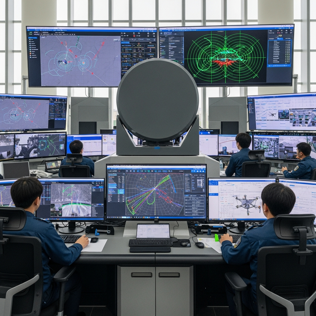 Modern drone detection radar system in operation at a security facility, showing advanced technological equipment with multiple screens displaying drone tracking data, Korean security personnel monitoring, clean high-tech environment with natural lighting, no text