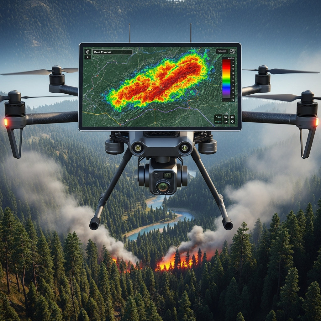 Drone surveillance system monitoring forest fires from above, satellite imagery overlay, thermal detection visualization, emergency response coordination center, high-tech monitoring equipment, realistic forest setting, no text
