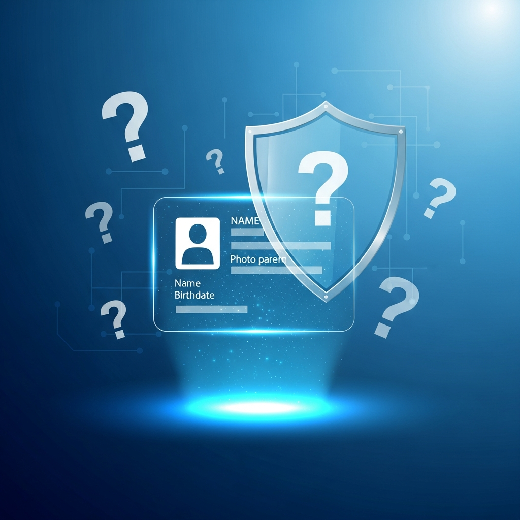 A conceptual infographic showing a digital ID card glowing with personal data, surrounded by a subtle shield icon and some question marks, against a secure, modern, gradient blue background. No text.