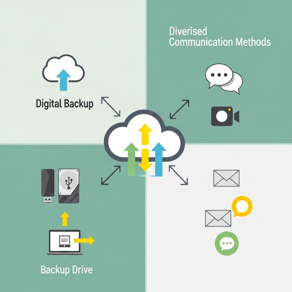 A modern, clean infographic showing various icons for cloud storage, external hard drives, and different communication apps, illustrating the concept of digital backup and diversified communication methods. Style: clean infographic. No text in image.