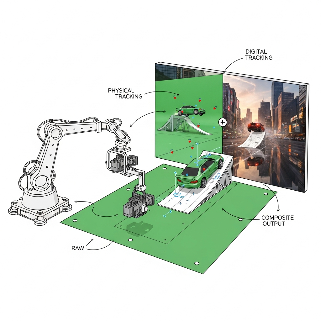 An intricate infographic showing a robotic arm with a camera precisely tracking a car stunt on a green screen set, with a digital overlay showing the final rendered scene in a city. Focus on the seamless integration of technology. Clean infographic style, no text.