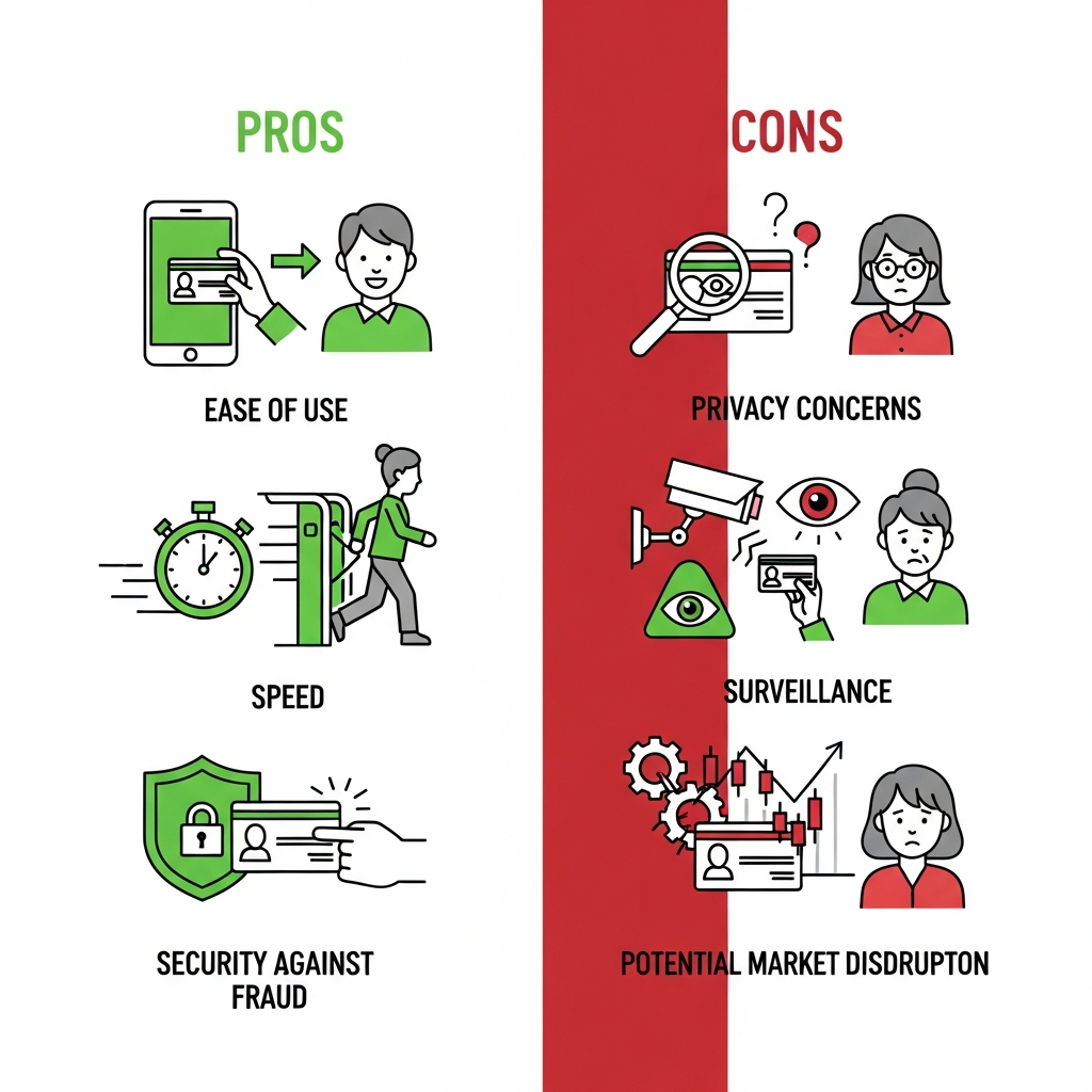 A clear infographic illustration showing the pros and cons of digital ID cards. One side shows ease of use, speed, and security against fraud. The other side shows privacy concerns, surveillance, and potential market disruption. Korean people icons, clean style, no text.