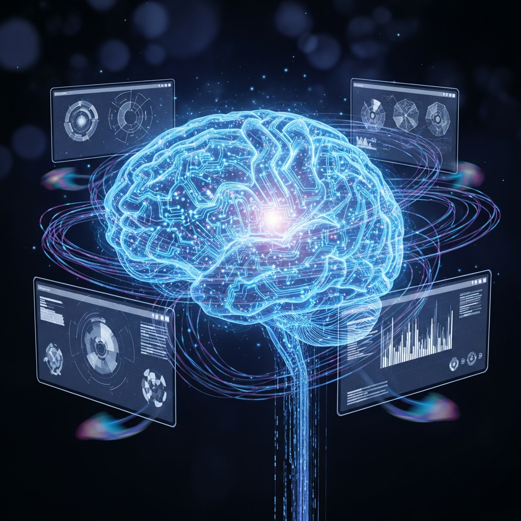 Stylized human brain with glowing digital circuits and data streams, interacting with floating interface elements, set against a dark, textured background with subtle light effects. No visible text, Korean appearance.