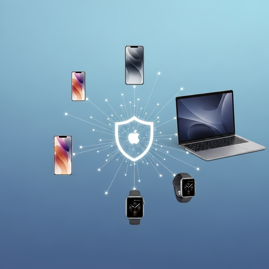 A modern, clean infographic showing various Apple devices (iPhone, Mac, Apple Watch) interconnected and protected by a digital shield icon, representing security against phishing threats. The background is a soft blue gradient. No text.