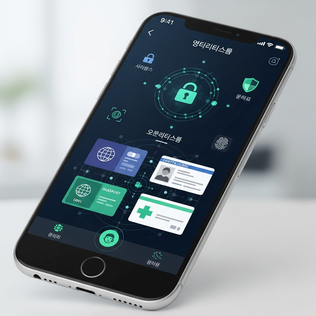 Smartphone displaying digital identity wallet app interface with encrypted data symbols, secure authentication icons, modern mobile UI design, Korean user interface elements, no text