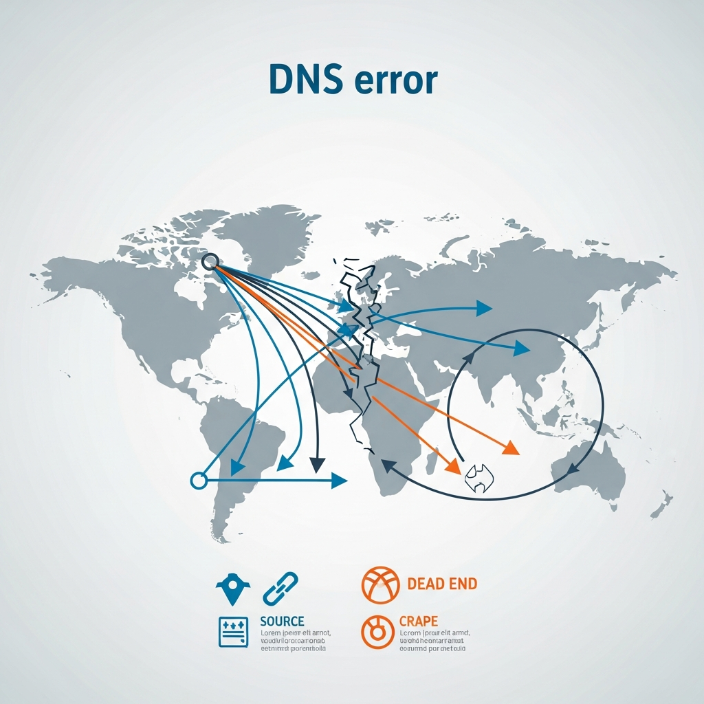 An infographic illustrating a 'Domain Name System (DNS) error' with a broken map or navigational lines, showing digital traffic unable to reach its destination. Emphasize the concept of misdirection in the internet's infrastructure. Style: clean infographic. No text.