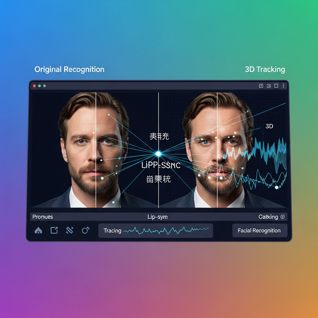 An advanced digital interface showing a split screen: one side displaying an original actor's performance, the other side showing the same actor's face subtly adjusted for lip-sync in a new language. Lines and data points illustrate facial recognition and 3D tracking. Style: clean infographic, modern layout, high contrast, colored background, no text, bright lighting.