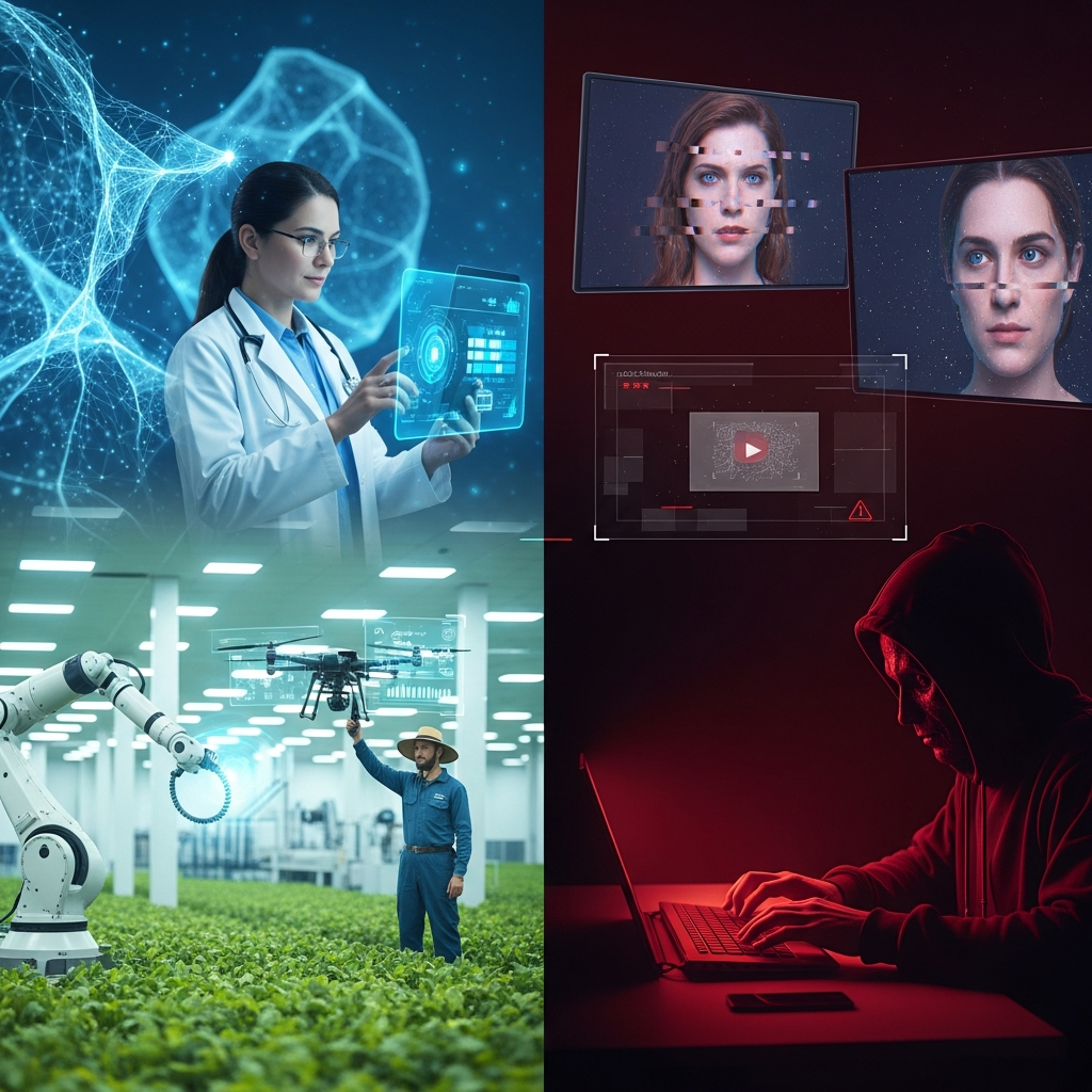Split screen showing positive AI applications on one side and concerning deepfake misuse on the other, contrasting lighting between hope and concern, modern tech visualization, no text