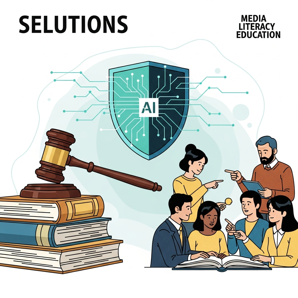 A conceptual image showing various solutions to combat deepfake misuse, such as a digital shield representing technical safeguards, a gavel for legal regulations, and people learning for media literacy education. Stylized illustration, no text.