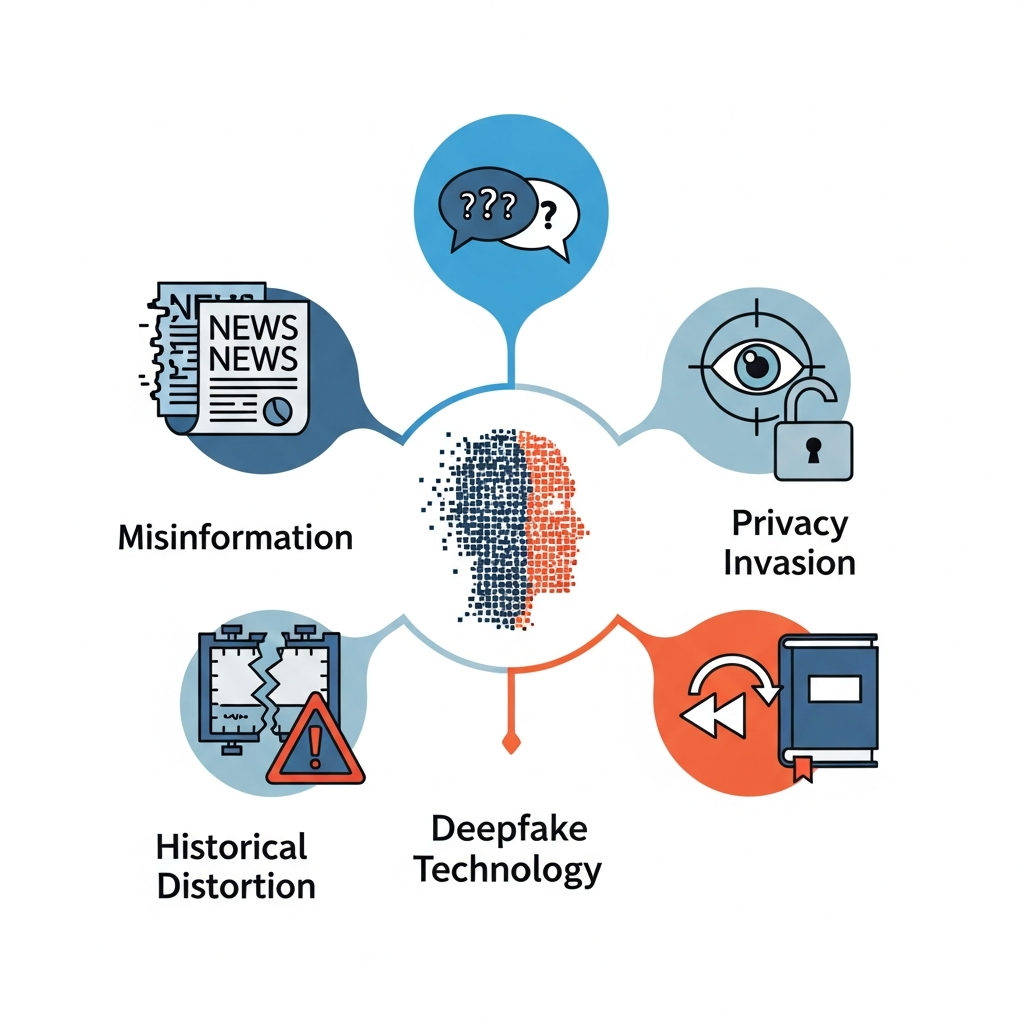 An infographic illustrating various ethical concerns related to deepfake technology, such as "Misinformation," "Privacy Invasion," and "Historical Distortion," each represented by a clear icon. Clean infographic style, no text.