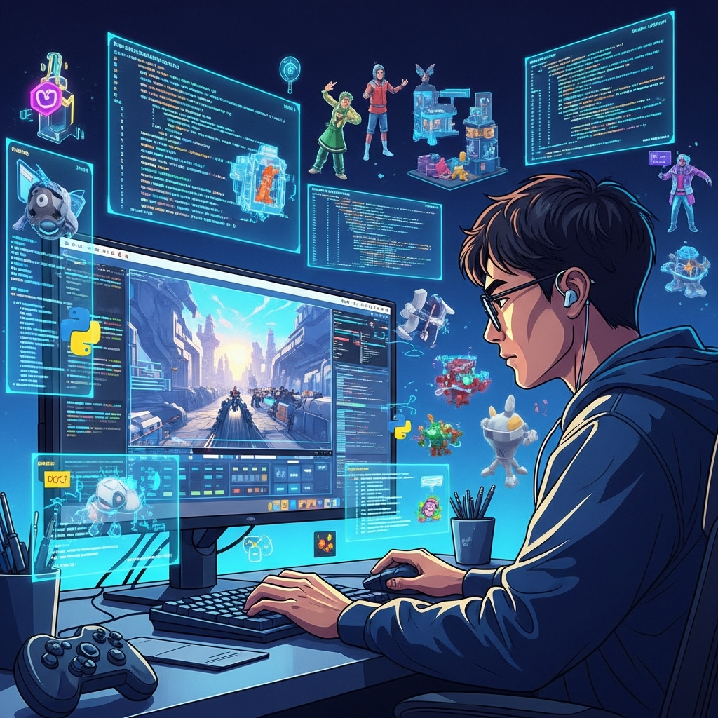 An illustration of a determined Korean game developer meticulously polishing game details on a large screen, surrounded by complex code snippets and intricate 3D models. The scene conveys dedication and perfectionism. Style: modern, vibrant illustration. No text.